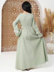 少女纯色长袖简约休闲日常连衣裙 - 綠色 - 查看 2