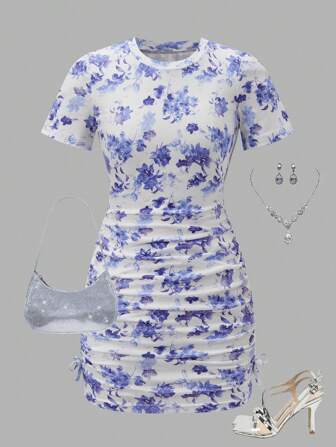 SHEIN Sweetra Young Tween Girl' Casual Minimalist Ditsy Floral Short Sleeve Dress, For Spring Outings