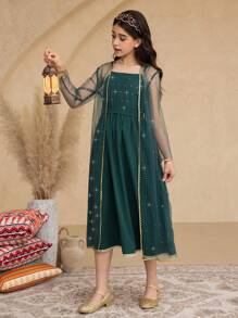 2pcs/Set Tween Girls Mesh Jacket & Spaghetti Strap Dress Set - Dark Green - View 6