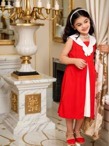 SHEIN Vestido informal suelto con cuello en V y parches de pliegues con decoración de lazo, que resalta la vitalidad juvenil, la inocencia adorable, el estilo personalizado y el entusiasmo dulce, perfecto para uso diario y fiestas, prenda esencial de primavera/verano y regalo de ropa para niñas jóvenes