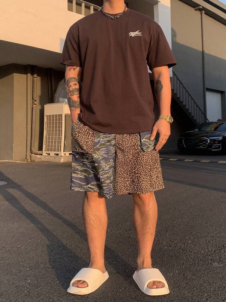 Summer Men's Letter Printed T-Shirt & Leopard Print Shorts Set, Vacation Style