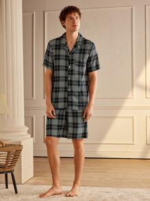 Manfinity 男士格子印花短袖衬衫和短裤睡衣套装 - 綠色 - 查看 7