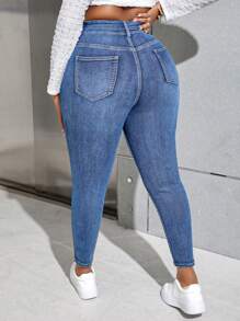 SHEIN PETITE CURVE Plus Size Washed High Waist Slim Fit Jeans - Medium Wash - View 5