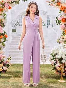 Mono informal y elegante sin mangas con solapa y decoración de botones para adolescentes chicas - Morado - Ver 5