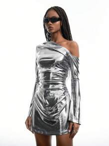 LYSMO Vestido corto de fiesta con cuello asimétrico metalizado y drapeado para mujer