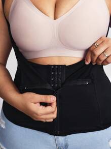 SHEIN CURVE+ Plus Size Summer Solid Color Front Zipper Shapewear Tos, High Elastic Tummy Control Vest - Black - View 3