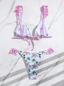 SHEIN Swim Women's Palm Tree Print Bikini Swimwear Set, Print Style Random, For Summer Beach Vacation - Multicolor - View 2
