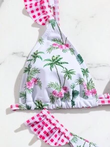 SHEIN Swim Women's Palm Tree Print Bikini Swimwear Set, Print Style Random, For Summer Beach Vacation - Multicolor - View 3