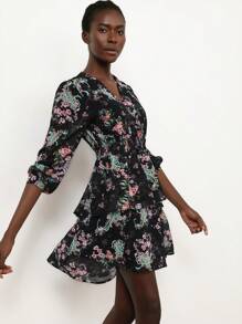 Aveloria Modichic Elegante vestido corto de mujer con mangas abombadas y largas, cintura fruncida, falda plisada, estampado floral de gasa y escote calado