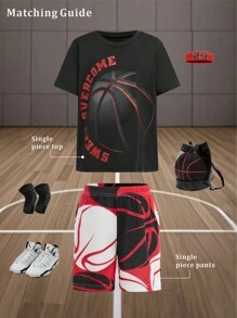 SHEIN Camiseta deportiva de manga corta, cuello redondo, elástica, cómoda, con estampado gráfico de baloncesto, para niños. Fabricada en tela de poliéster mezclado, lavable a máquina, transpirable y ligera para el uso diario y actividades al aire libre de niños en verano. - Negro - Ver 5