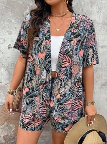 Breezaya Plus Size Women's Boho Vacation Print Top And Shorts Simple Casual Suit, Fashionable Everyday Wear, For Summer