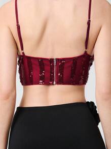 SHEIN Unity Valentine Sequin Wired Cup Cami Cropped Corset Top With Rhinestone Trim Detail - Burgundy - View 2