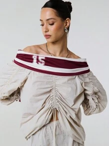 TypaGal Number Striped Print Panelling Drawstring Ruched Detail Off Shoulder Long Sleeve Nylon Shirt Top