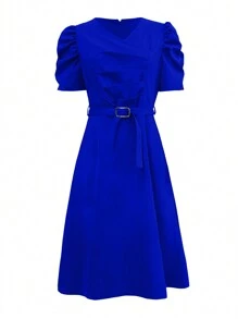 Vestido de manga corta, escote en V, elegante y de ajuste ceñido para mujer, para primavera/verano - Azul - Ver 3