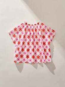 THE HAPPY LOOK Young Girls Floral Print Elastic Ruffle Off Shoulder Loose White Blouse, Vacation Style, Spring - Pink - View 2