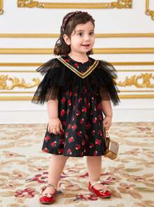 SHEIN Baby Girl Elegant Black Floral Mesh Overlay Summer Dress - Black - View 1