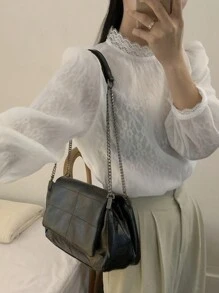 DAZY 女士双层蕾丝优雅精致衬衫，秋装 - 白色 - 查看 3