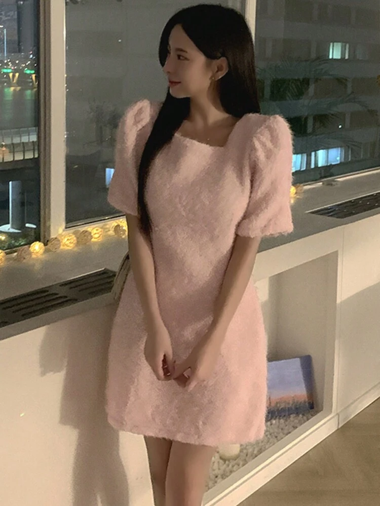 Women Solid Color Elegant Square Collar Waist Defined Short Baby Pink Bodycon Dress Cocktail Dress