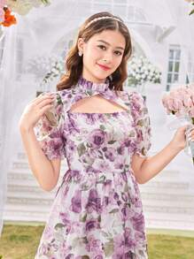Wildeya 1 Stück Teenager Mädchen Lila Rüschen Kragen Puff Ärmel Kurzarm Organza Muster Kleid, feminin & elegant, Frühling/Sommer, Ferien, Sommer, Reise