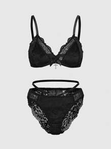 ROMWE Goth Conjunto de lencería gótica de terciopelo oscuro con encaje, sujetador y pantis con triángulos