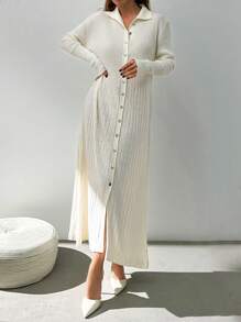 EURMUSE Casual Polo Neck Metallic Button Down Rib Knit Ruffle Hem Maxi Knitted Pure White Dress - White - View 1
