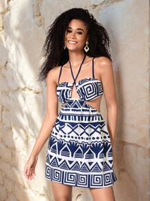 JIAN LASALA Váy ngắn màu xanh navy boho spaghetti strap không tay hình học, in toàn bộ, thắt nút, hở lưng, cắt xẻ trang phục mùa hè cho phụ nữ váy mùa hè cho phụ nữ váy suông cho phụ nữ trang phục đi nghỉ, trang phục đi biển cho phụ nữ - Màu xanh hải quân - Xem 1