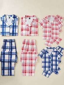 SHEIN 男士蓝色格子经典休闲舒适 2 件短袖上衣和裤子家居服套装 - 藍色 - 查看 6