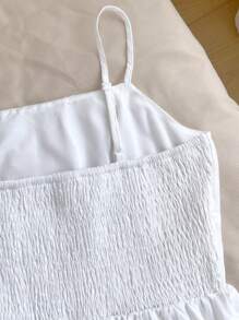 Vestido corto casual y holgado para adolescentes con textura trenzada, rayas verticales, pliegues en el pecho, cintura y recorte en la espalda, para primavera/verano - Blanco - Ver 4