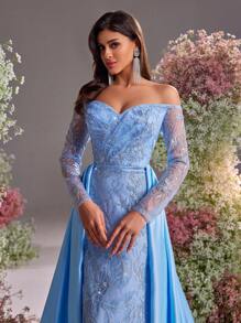 Glamrae Elegant Light Blue Luxury Sequined Embroidered Off Shoulder Sheer Long Sleeve Mermaid Gown, Wedding Guest Dress With Side High Slit & Detachable Train, For Formal Evening, Party Dress - Baby Blue - View 6