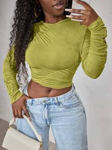 BamGleam Women's Ruched Long Sleeve Cropped Top, Casual & Vacation Wear Fall Cloth For Women - Olive Green - View 5