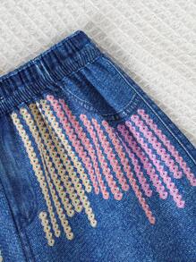 2 件套年轻女孩休闲露肩短袖印花上衣 + 牛仔效果短裤套装，春季服装，春夏