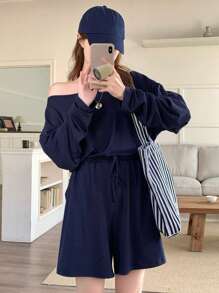 DAZY Women's Solid Color Loose Long Sleeve Off Shoulder Jumpsuit Summer Romper Lounge Sets For Women - Navy Blue - View 7