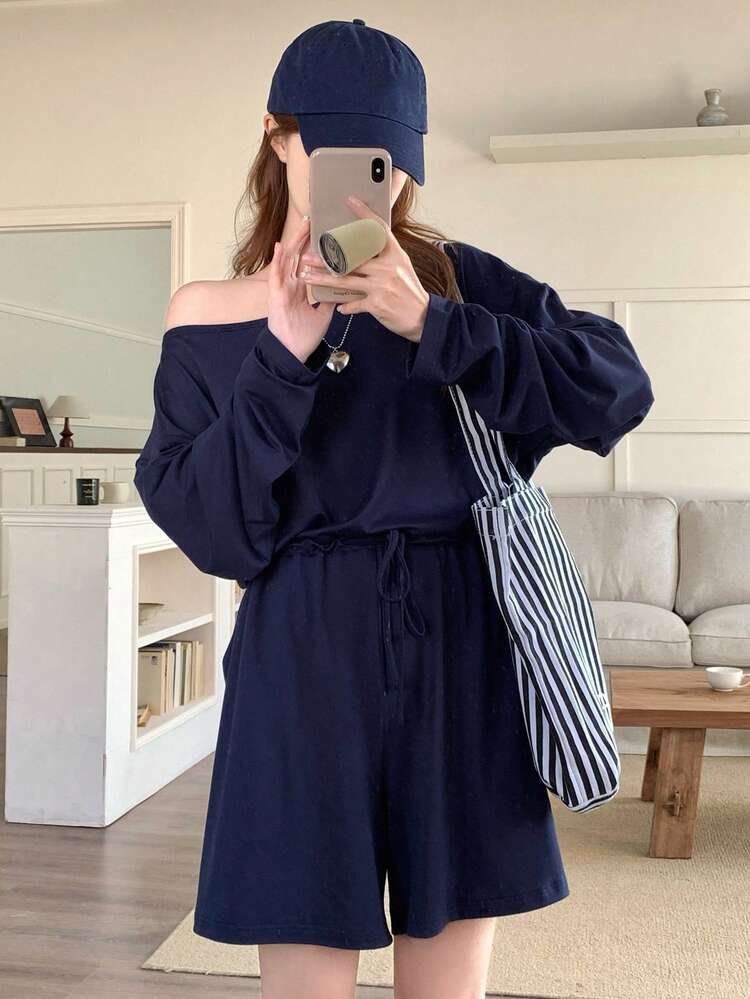 Women's Solid Color Loose Long Sleeve Off Shoulder Jumpsuit Summer Romper Lounge Sets For Women