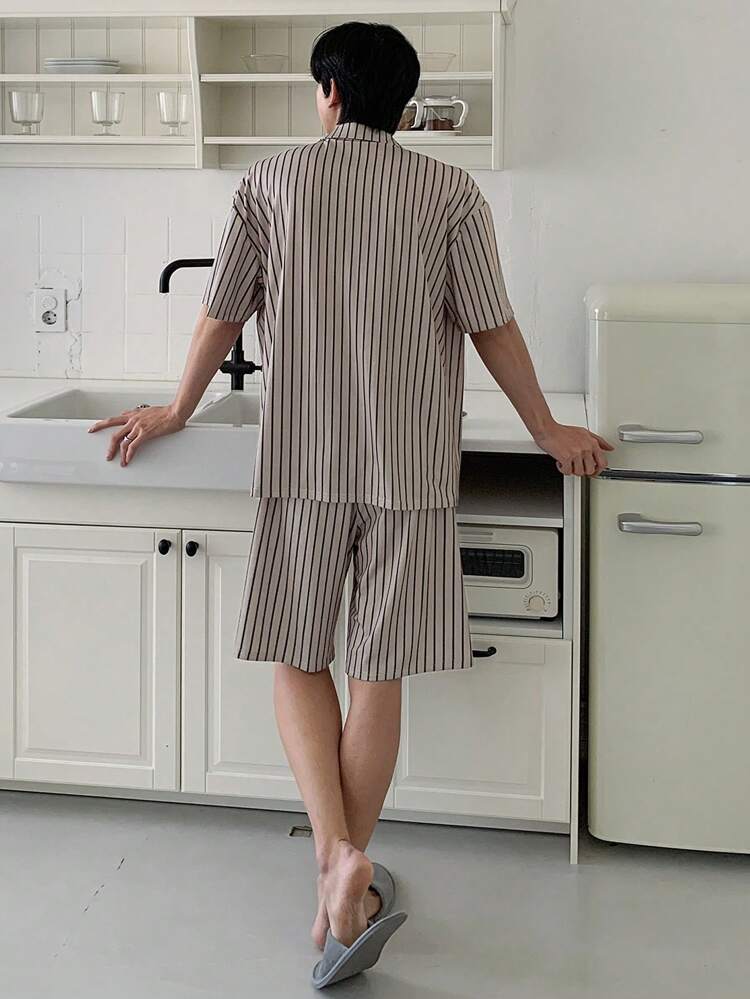 Men's Striped Fabric Shirt & Shorts Set, Summer Pajamas