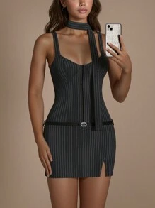SHEIN ICON Vestido casual con tirantes de espagueti a rayas, con cinta, minimalista y de moda para uso diario para mujeres de oficina