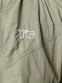 TypaGal Letter Embroidery High Neck Panelling Zip Through Long Sleeve Drop Shoulder Nylon Windbreaker Jacket - Green - View 4