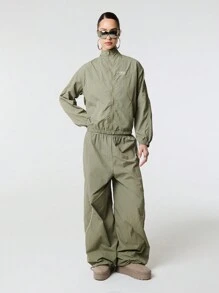 TypaGal Letter Embroidery High Neck Panelling Zip Through Long Sleeve Drop Shoulder Nylon Windbreaker Jacket - Green - View 6