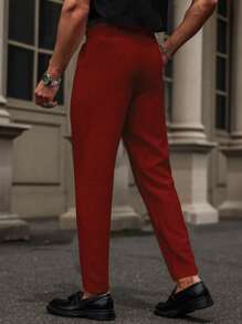 Manfinity Mode Pantalones casuales rectos de hombre con bolsillo y decorados con botones de un solo color - Burdeos - Ver 2
