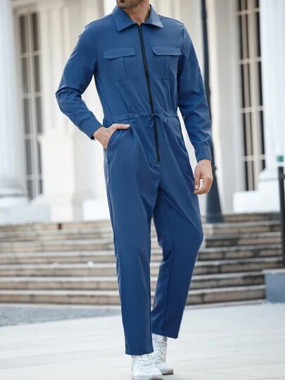 Manfinity Homme Tuta casual da uomo con tasche, vita con coulisse, tuta intera con zip davanti, autunno