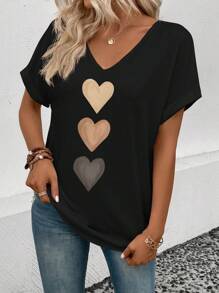 SHEIN Women's V-Neck Ruffle Sleeve, Ombre Heart Graphic Casual Versatile T-Shirt, Spring/Summer - Black - View 5