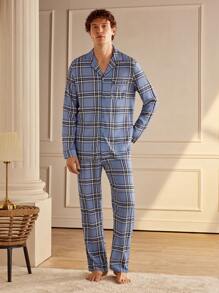 Manfinity Men Front Button Long Sleeve Plaid Simple Top And Pants Pajama Set - Blue - View 3