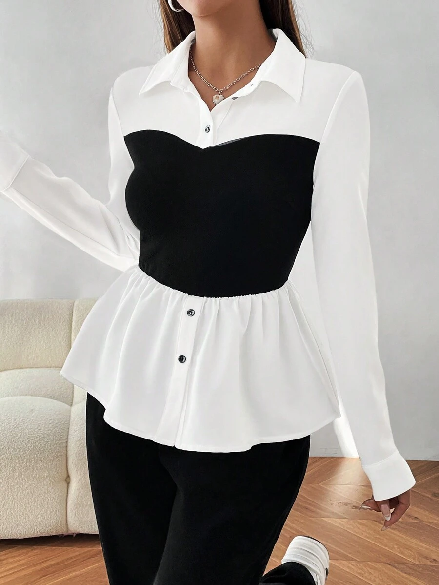 SHEIN EZwear 女式黑白梭织荷叶边下摆衬衫、长袖上衣 - 黑與白 - 查看 1