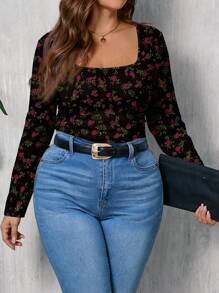 SHEIN LUNE Camiseta suelta de cuello redondo con estampado de rosa de talla grande para mujer, estilo minimalista