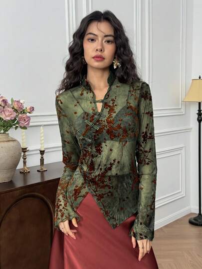 EastFlair Women's Floral Flocked Long Sleeve Button-Up Fashion Top