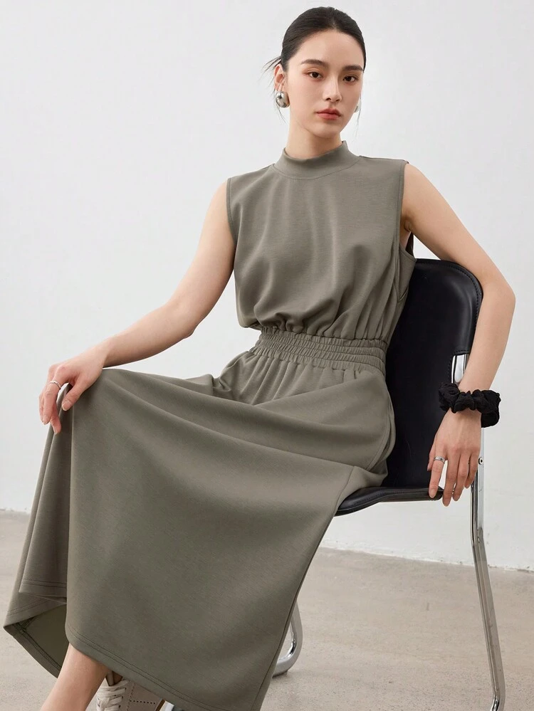 Business Casual Design Waist Cinched Simple Solid Color Sleeveless Midi Dress For Women Sundress Work Women Clothes