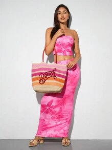 SHEIN BAE Casual Holiday Colorblock Striped Letter Embroidery Tote Bag - Hot Pink - View 4