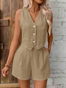 SHEIN Frenchy Women's Sleeveless Front Button Basic Waistcoat And Shorts Suit Set In Fall/Winter Casual - Ginger - View 3