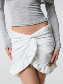 SHEIN Unity Valentine Velvet Twist Knot Front Ruched Hem White Mini Skirt - White - View 1