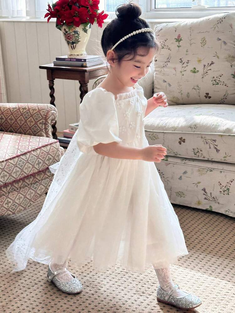 Young Girl Elegant Solid Color Mesh Patchwork Tail Dress,Girls Summer Outfits