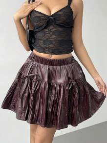 Aloruh Minifalda plisada de PU para mujer, color borgoña, adecuada para Navidad, Año Nuevo, Día de San Valentín